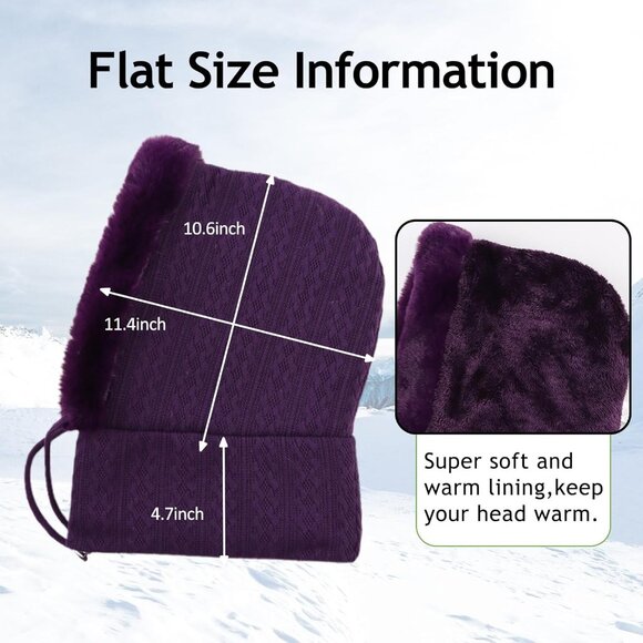 Women Purple Polyester Warm Thick Fluff Beanie Adult Neck Face Winter Balaclava - Picture 7 of 7